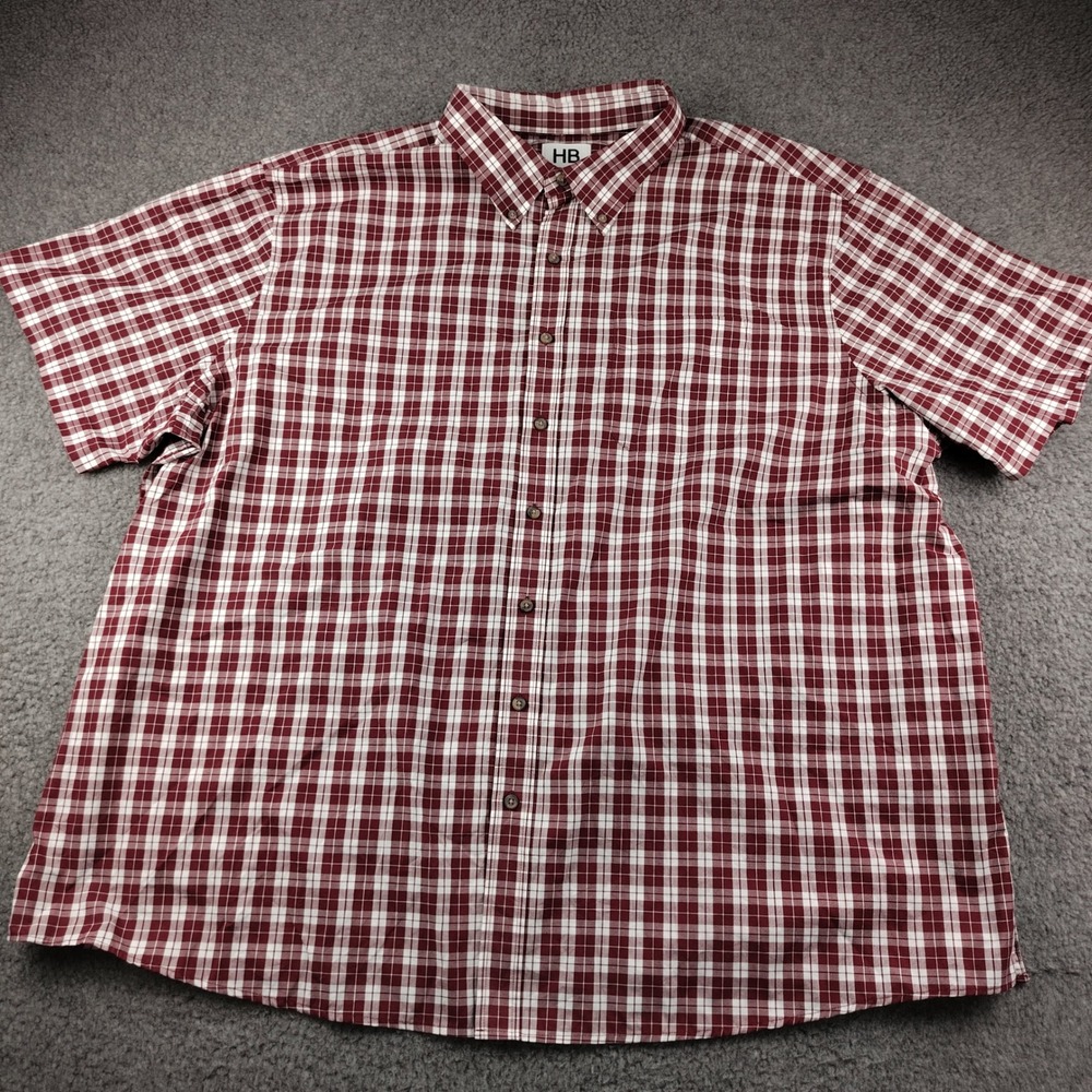 HB Harbor Bay Shirt Mens 3XL Plaid Burgundy White Short Sleeve Button Down EUC